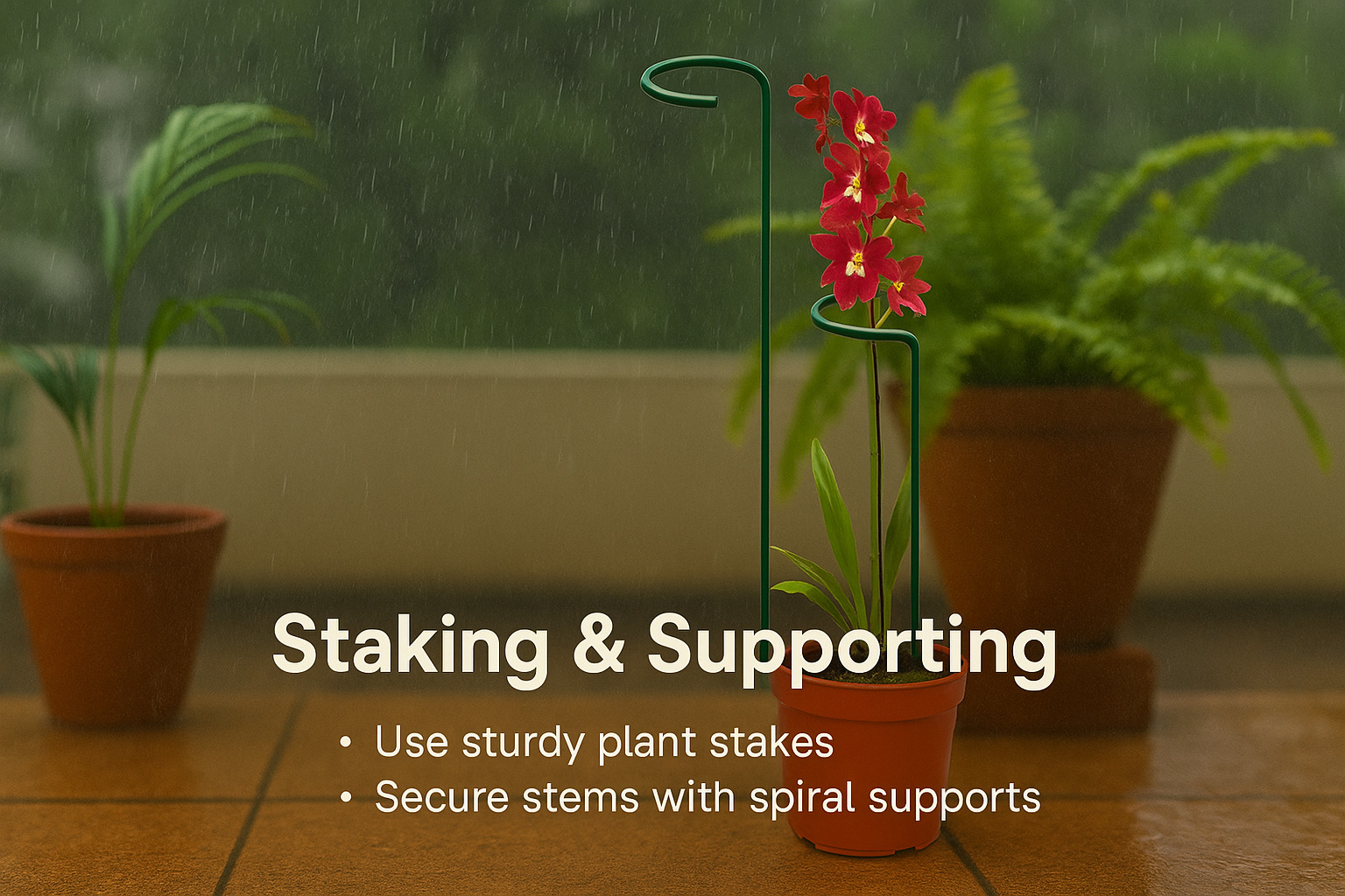 Staking and supporting balcony plants using spiral plant stakes during monsoon – orchid secured in red pot on rainy Indian balcony floor
